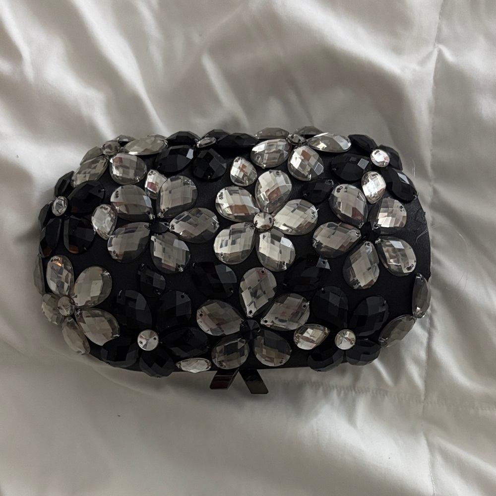 Olga Berg Black and Silver Floral Clutch